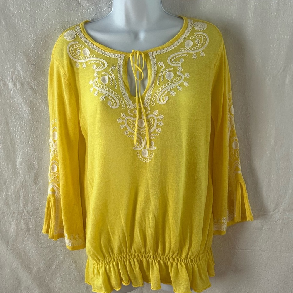 Women’s Kenar Yellow White Embroidery Detailing Tie Front Tunic Size M
